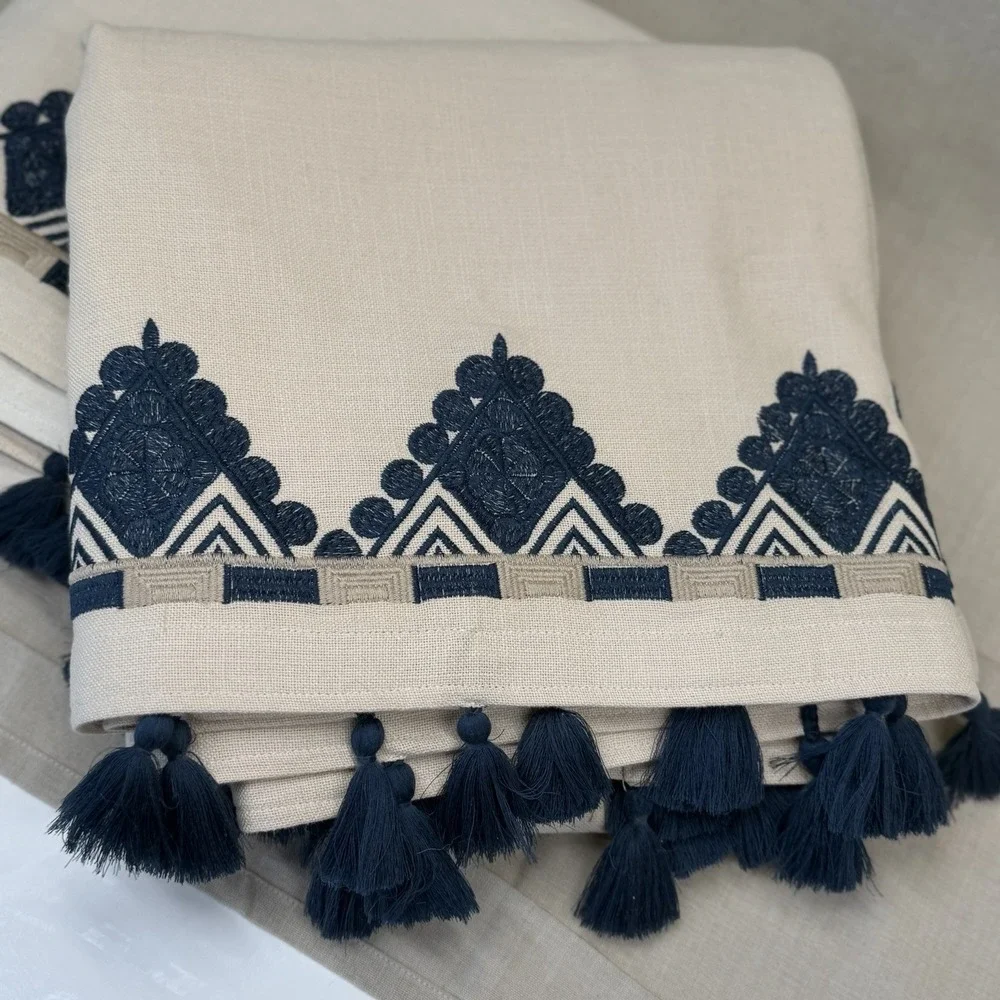 West Elm Linen Curtain Panels with Navy Embroidered Edge and Tassels (Set of 2)